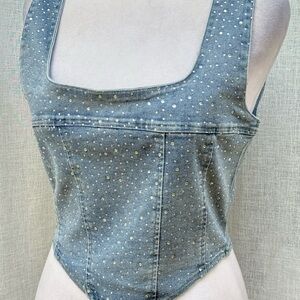 Balboa denim crop top silver rhinestone beads